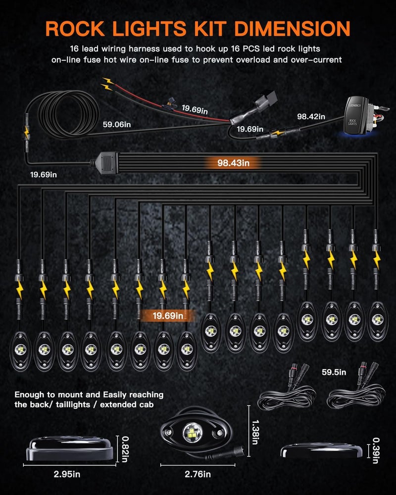 LEDMIRCY White Rock Lights, R1 Pure White Rock Lights Kit with Rocker Switch Wiring Harness 16PCS for UTV Off Road Trucks ATV Underglow Light High Power Trail Rig Light Under Body Waterproof Shockproof - Image 4
